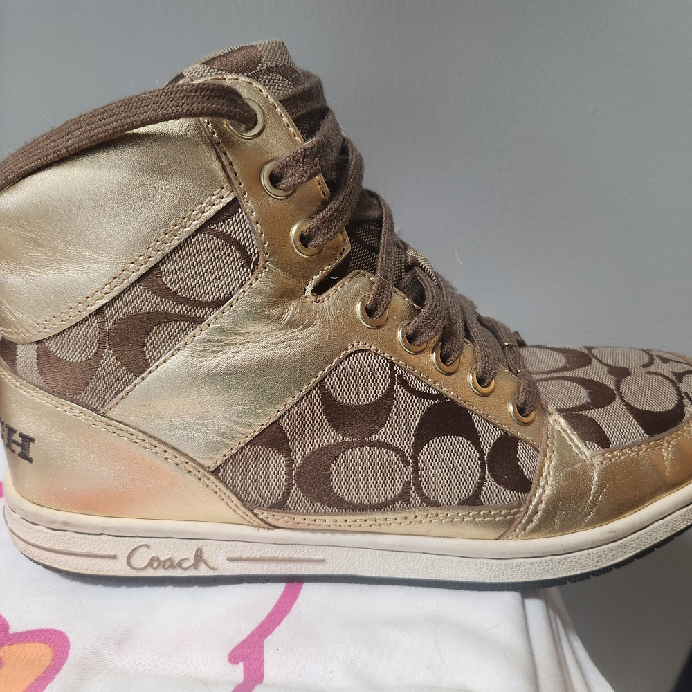 Coach Gold and Brown Sneakers with Monogram Pattern